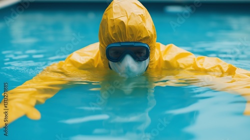 A person in a yellow protective suit and goggles is swimming in a pool, emphasizing themes of safety and environmental awareness in a playful yet serious context. photo