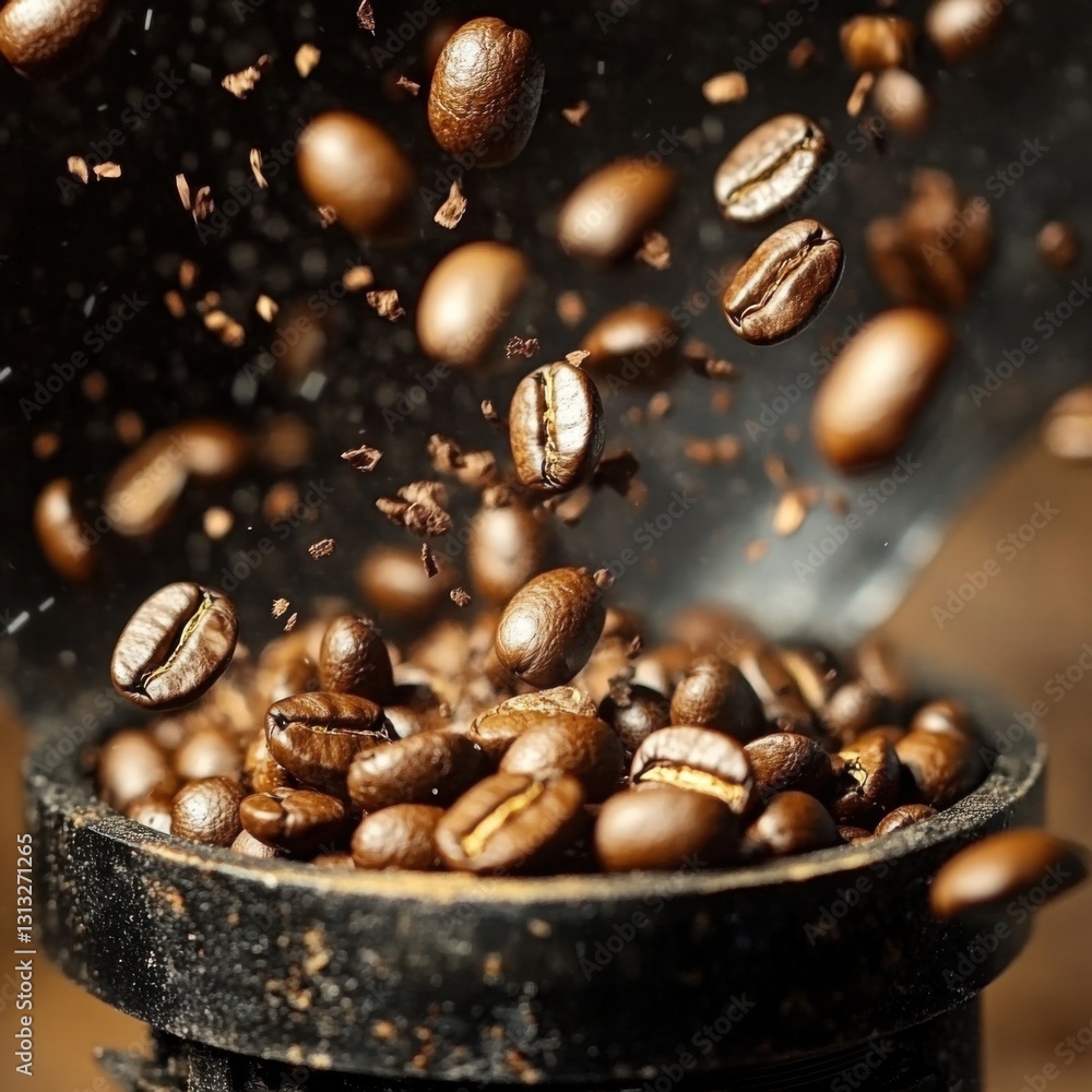Aromatic coffee beans falling into grinder with no background and in motion Aromatic coffee beans falling into grinder with no background and in motion