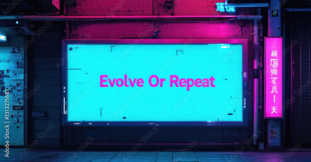 Cyber style illuminated billboard with evolve or repeat in electric cyan and deep crimson standing in neon lit alley of futuristic metropolis Cyber style illuminated billboard with evolve or repeat in electric cyan and deep crimson standing in neon lit alley of futuristic metropolis