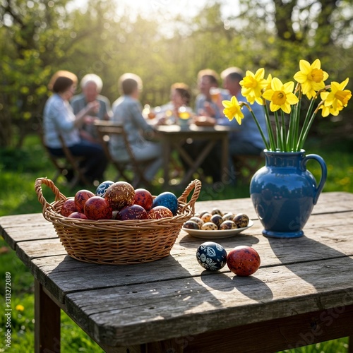 Painted easter eggs in wicker basket. Traditional egg hunt for spring holidays. 