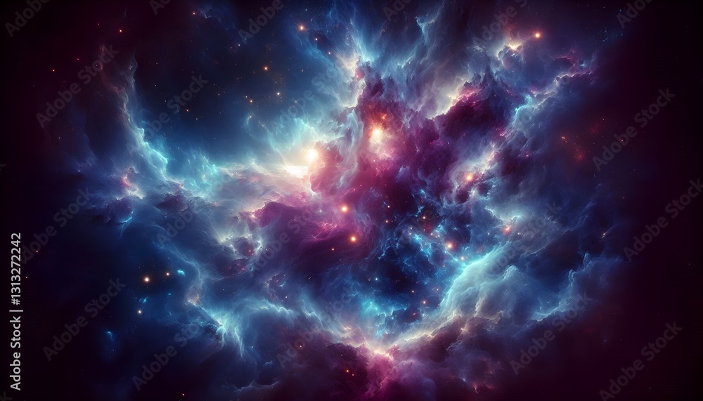 Vast cosmic galaxy scene with colorful swirling nebula glowing stars and deep purple sky forming mystical space background Vast cosmic galaxy scene with colorful swirling nebula glowing stars and deep purple sky forming mystical space background