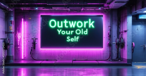 Cyberpunk city billboard with outwork your old self in neon green and electric purple mounted inside high performance ai driven fitness studio photo