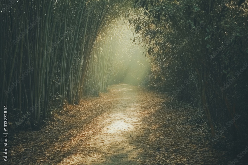 Naklejka premium Bamboo forest path with converging vertical lines and filtered light with copy space