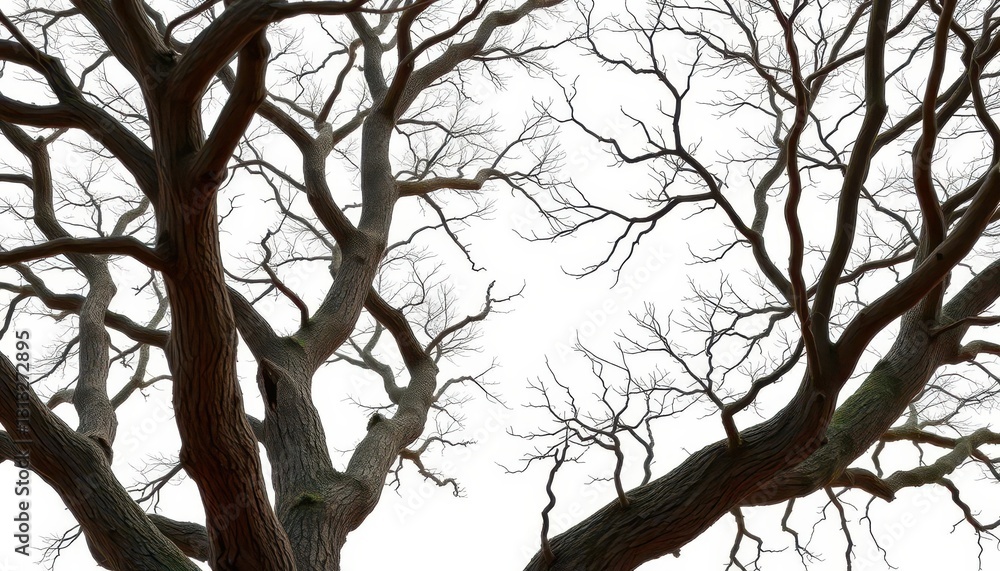 Stark, intricately branched tree limbs against pure white backdrop, knot, spring Stark, intricately branched tree limbs against pure white backdrop, knot, spring