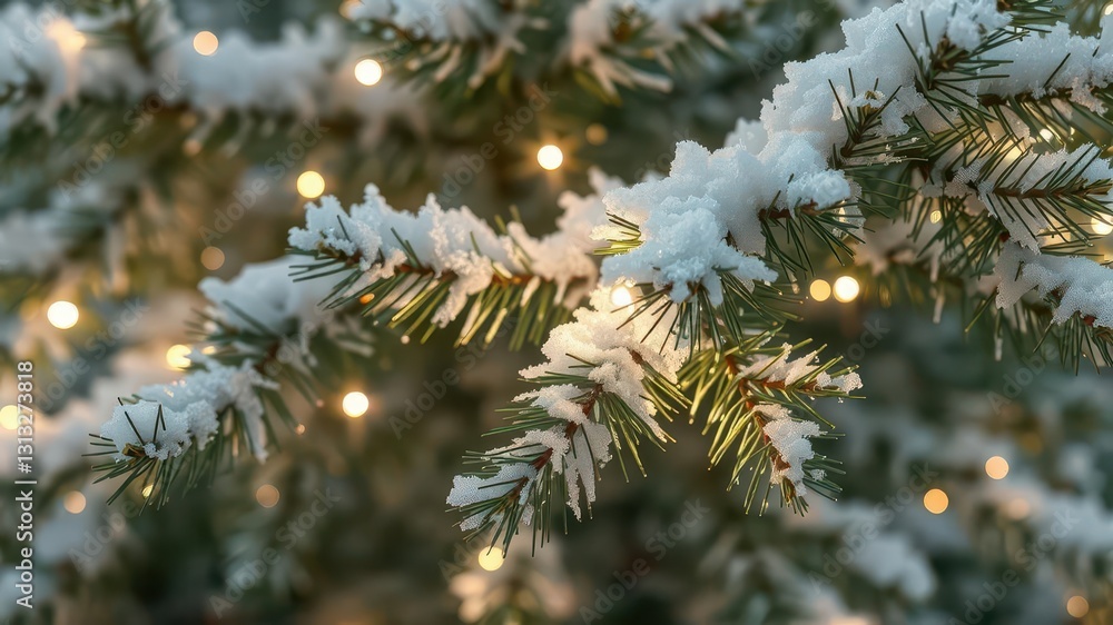 Twinkling Christmas lights adorn a snowy evergreen tree branch, christmas lights, texture Twinkling Christmas lights adorn a snowy evergreen tree branch, christmas lights, texture
