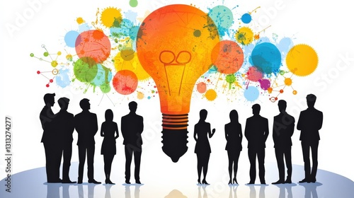 Silhouetted figures gather around a vibrant light bulb symbolizing creativity and innovation