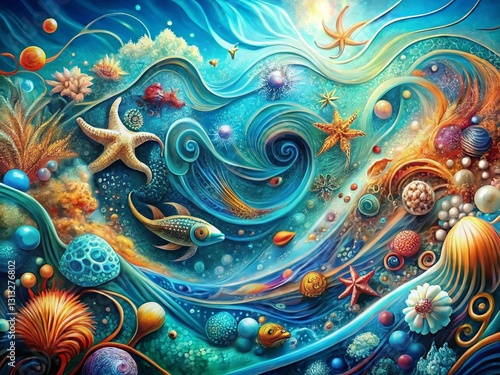 Wallpaper Mural Long Exposure Oceanic Doodle Art: Abstract Whimsical Sea Life Digital Design Torontodigital.ca