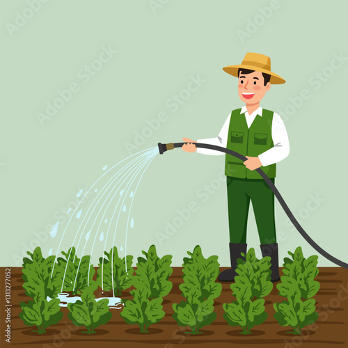 Farmer Watering Plants with a Hose in a Garden Illustration