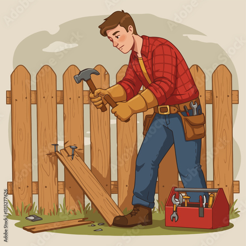 Repairing Wooden Fence with Hammer and Nails Illustration for Home Improvement