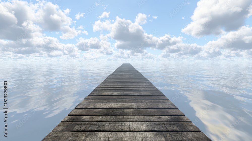 Obraz premium Serene Wooden Dock Extending into Calm Reflective Water Landscape