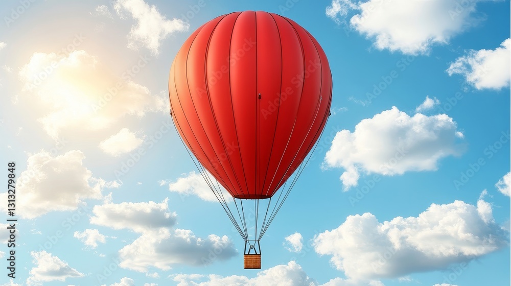 Fototapeta premium Vivid Red Hot Air Balloon Flying among Fluffy White Clouds with Sunlight in Blue Sky a symbol of freedom and adventure concept