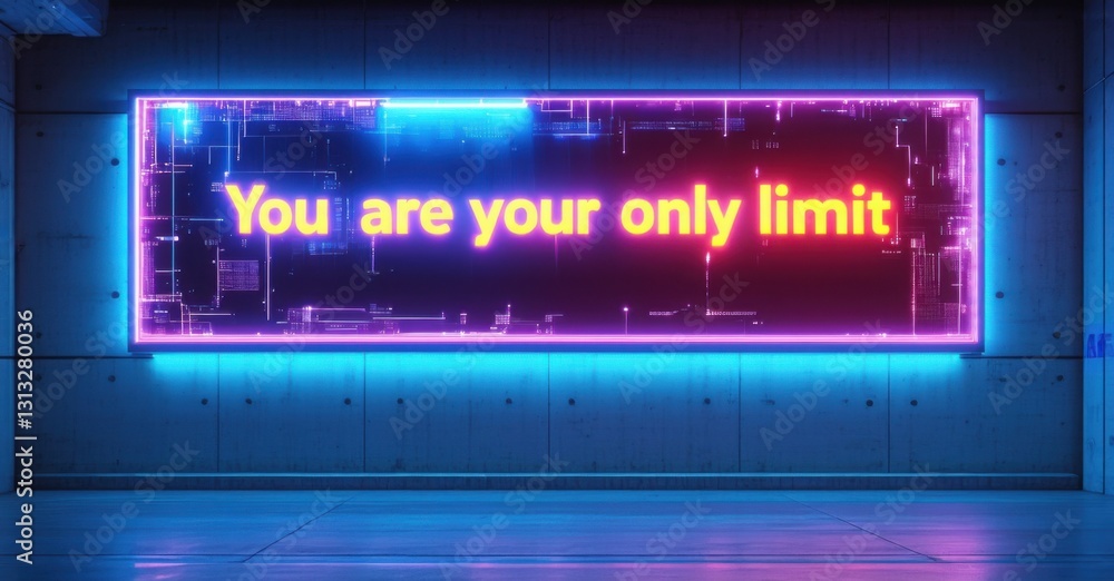 Cyber style illuminated billboard you are your only limit electric cyan bold red standing inside cutting edge olympic training center Cyber style illuminated billboard you are your only limit electric cyan bold red standing inside cutting edge olympic training center