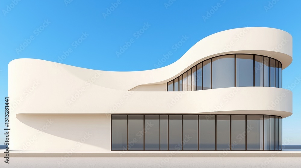 Fototapeta premium Architectural 3D renderings architecture realism concept. A modern, curved building with large glass windows, set against a clear blue sky, showcasing contemporary architectural design.