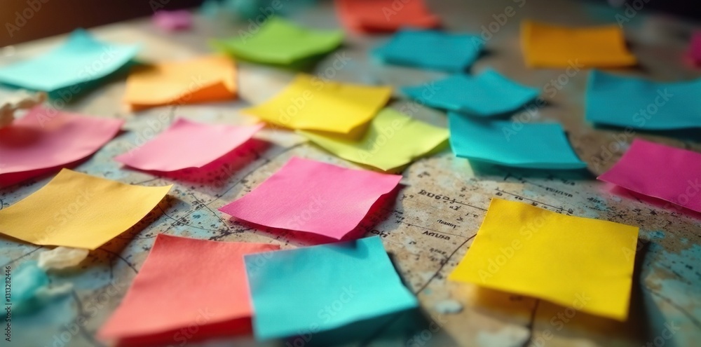 Obraz premium Vibrant sticky notes, crumpled paper art on desks, paper sculpture, sticky notes