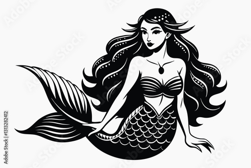 Beautiful mermaid . Engraving vintage vector illustration, monochrome black color. Woodcut 