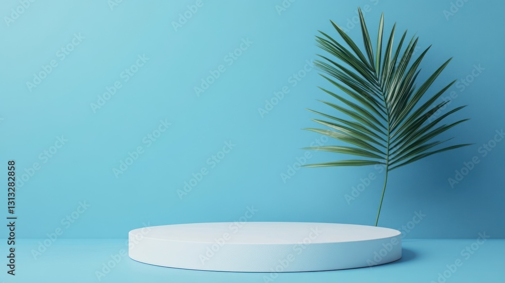 Abstract minimalist scene, light blue backdrop, round podium, tropical leaf. Use for product display Abstract minimalist scene, light blue backdrop, round podium, tropical leaf. Use for product display