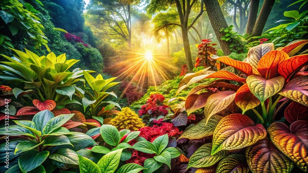 Fototapeta premium Lush Botanical Garden Design: Detailed Textures & Vibrant Flora