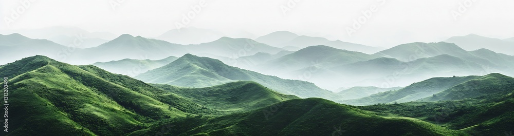 Fototapeta premium Stunning panoramic view of rolling green mountains under a misty sky for nature lovers : Generative AI