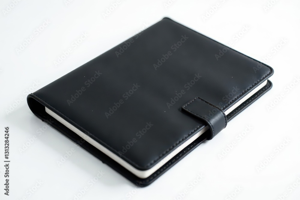 Elegant black leather notebook case, pristine white backdrop, premium, style, mockup Elegant black leather notebook case, pristine white backdrop, premium, style, mockup