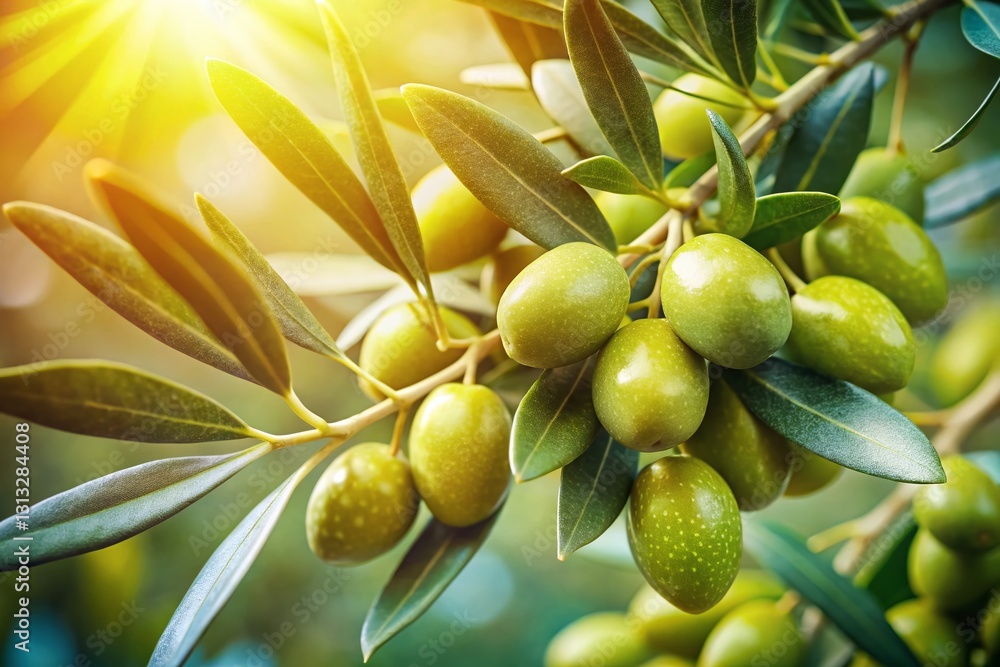 Lush Green Olives Hanging on Branch, Mediterranean Food Photography Lush Green Olives Hanging on Branch, Mediterranean Food Photography