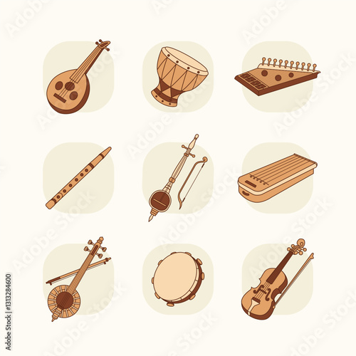 9 well-designed icons representing classic Middle Eastern musical instruments.