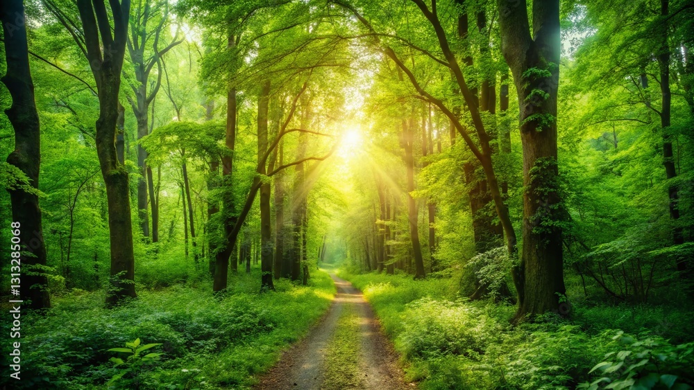 Naklejka premium Lush Spring Forest Path: Urban Exploration Photography