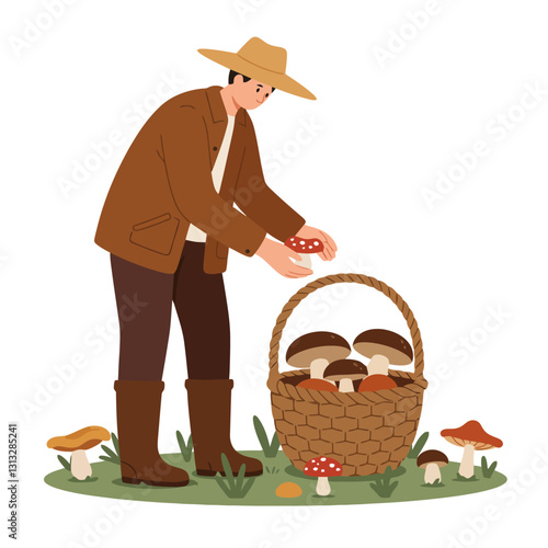 Man Picking Mushrooms and Placing Them Into Wicker Basket