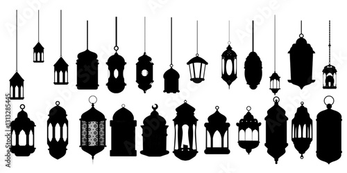 Set of islamic traditional lantern silhouette lanterns. arabic lantern silhouettes element vector illustration, Ramadan and Eid element celebration.