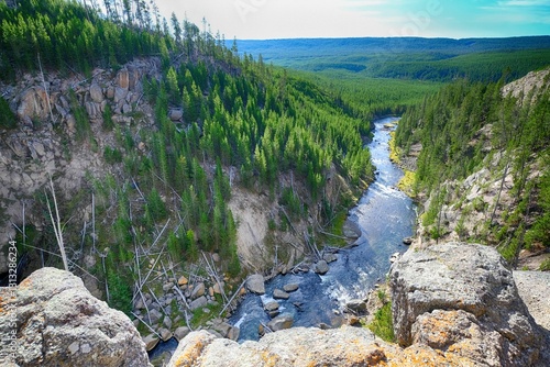 a river running through a forest and hills