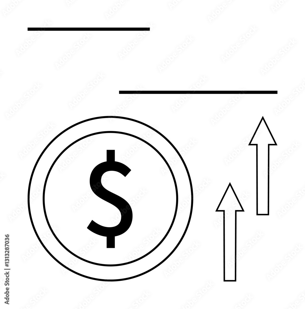 Dollar coin with bold currency symbol paired with arrows illustrating increase in finances, growth, success. Ideal for economy, business, wealth, investment, profit, banking flat simple metaphor Dollar coin with bold currency symbol paired with arrows illustrating increase in finances, growth, success. Ideal for economy, business, wealth, investment, profit, banking flat simple metaphor