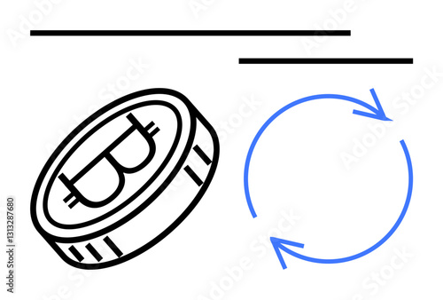 Bitcoin coin with rotating arrows representing cryptocurrency exchange, transaction flow, and digital economy. Ideal for finance, blockchain, innovation, technology, trade, investment flat simple