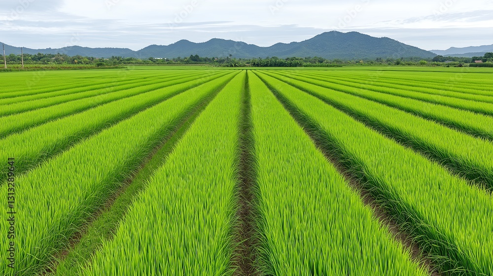 A vibrant landscape showcasing lush green rice fields stretching towards distant mountains under a clear sky. The rows of rice highlight agricultural beauty and natural serenity.