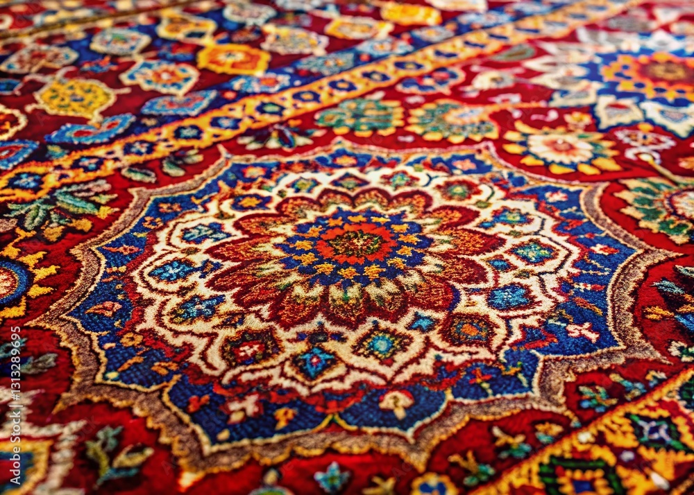 Fototapeta premium Macro Detail of Oriental Rug Texture, Rich Colors and Knots