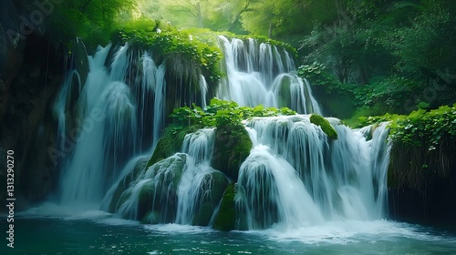 Serene Waterfall Cascading Over Lush Greenery in Tranquil Forest Setting
