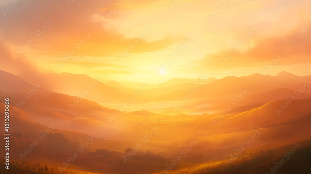 Golden sunrise background with warm glowing light casting over rolling hills and misty valleys Golden sunrise background with warm glowing light casting over rolling hills and misty valleys