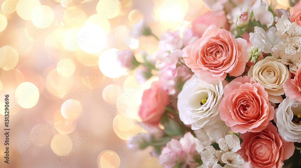 Fototapeta premium Romantic bouquet of roses and flowers soft lighting nature close-up warm ambiance for special occasions