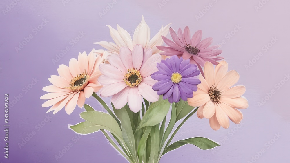 Fototapeta premium a vibrant bouquet of daisies in soft pastel colors against a purple backdrop