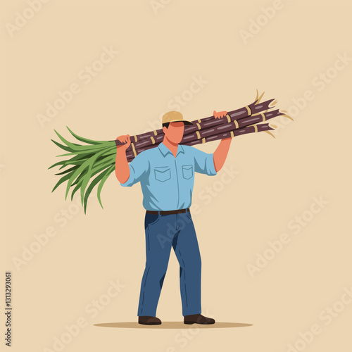 Carrying Sugar Cane Harvest Illustration of Farmer with Cane Sticks