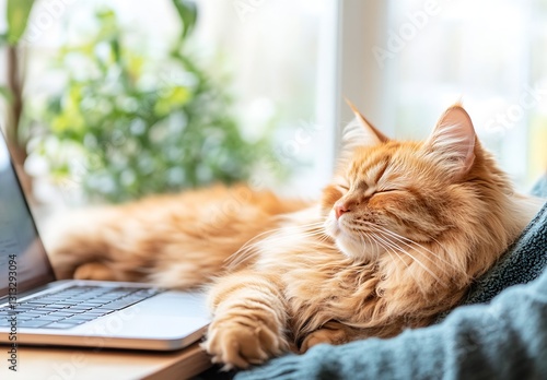 Cute fluffy orange cat napping peacefully beside a laptop in a cozy indoor setting : Generative AI photo