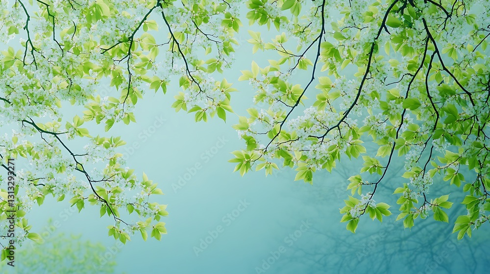 Fototapeta premium Springtime Canopy: Fresh Green Leaves in Misty Sunlight AI Generated