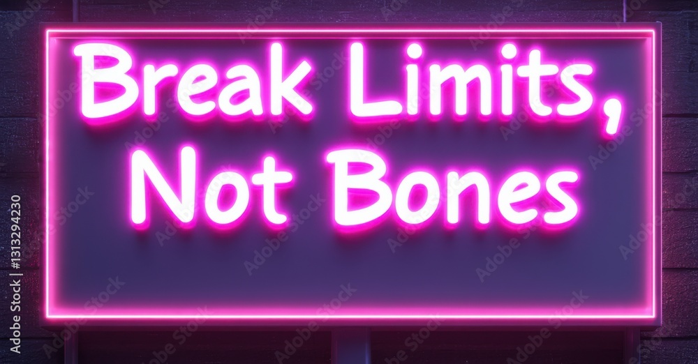 Glowing led billboard break limits not bones bright magenta electric blue standing entrance of pro jiu jitsu training academy Glowing led billboard break limits not bones bright magenta electric blue standing entrance of pro jiu jitsu training academy