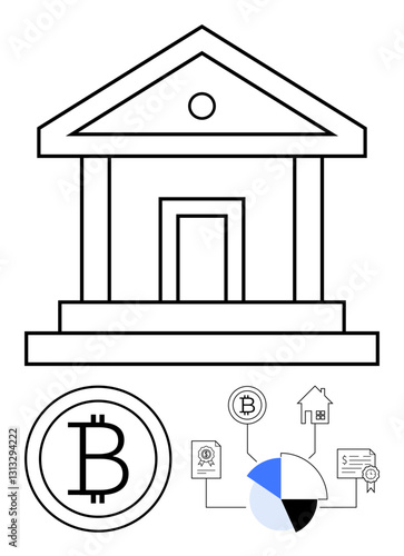 Classical bank facade with Bitcoin icon and flowchart featuring blockchain, property title, and pie chart. Ideal for fintech, banking, cryptocurrency, real estate, data visualization, finance