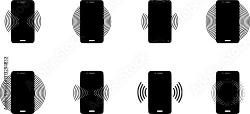 Phone vibration icon set, ringtone symbols, phone vibration signs in solid and line style
