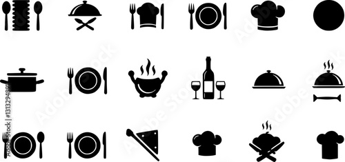 Food icons set, plate, fork, knife and spoon, set logotype menu, cutlery icon, tableware sign, catering icons, restaurant signs
