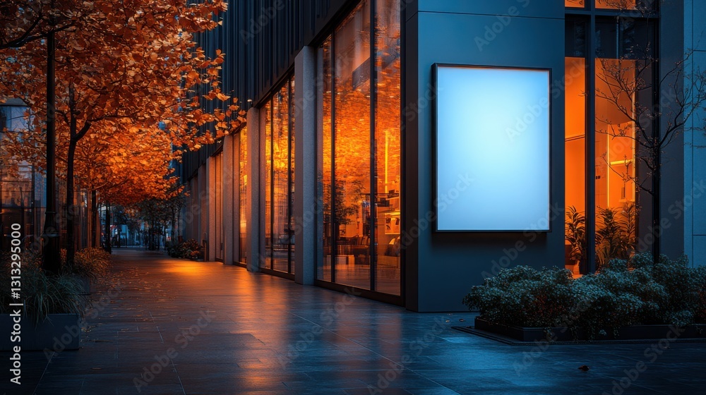 Illuminated Storefront with Blank Signage at Night Autumn Leaves Cityscape Illuminated Storefront with Blank Signage at Night Autumn Leaves Cityscape
