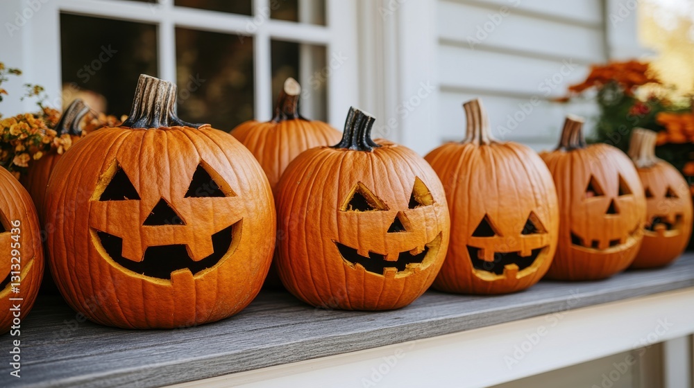Carved pumpkins lined up on a window sill, ready for Halloween festivities. Autumnal decoration. Carved pumpkins lined up on a window sill, ready for Halloween festivities. Autumnal decoration.