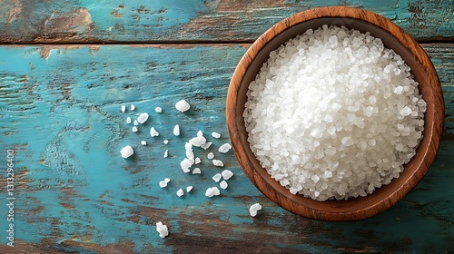 A small wooden bowl filled with coarse sea salt, placed on a rustic wooden table. The background is a soft pastel blue, creating a fresh and clean look. Space is left on the right for text placement.