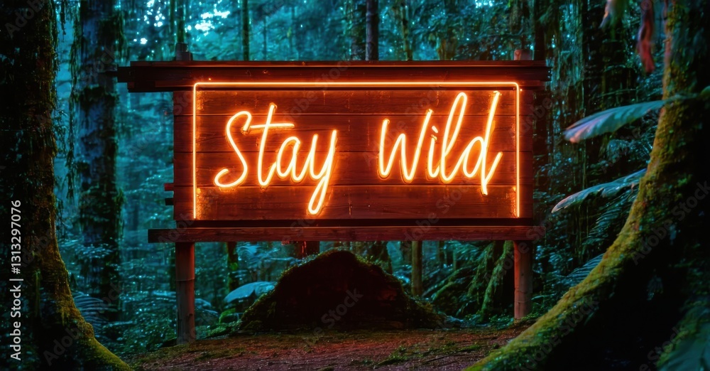 Obraz premium Glowing neon billboard stay wild bright turquoise fiery red mounted rustic wooden cabin deep dense rainforest
