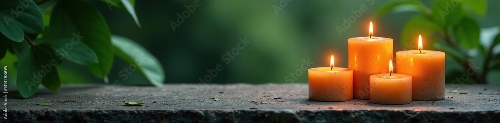 Stone tabletop, burning candles, lush foliage, rustic, macro, close up Stone tabletop, burning candles, lush foliage, rustic, macro, close up
