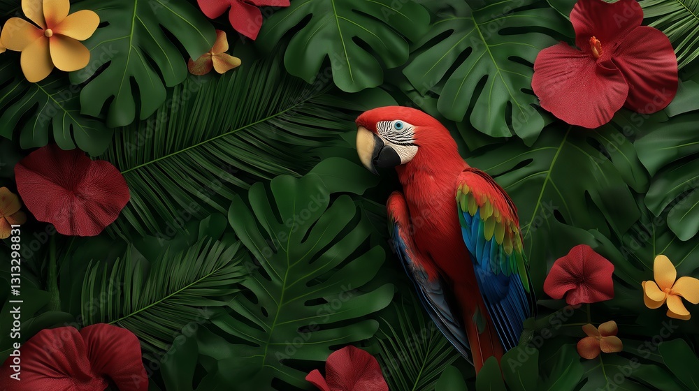 Fototapeta premium This vibrant image features a colorful parrot perched among lush tropical leaves and bright flowers, showcasing the beauty of nature in a vivid and lively environment.